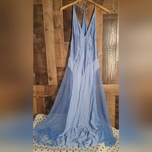 Vintage Y2K Victorias Secret Silk Chiffon Blue Sheer Maxi Gown Slip Dress Medium